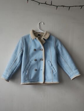 GAP Light Blue Sherpa-Trim Double-Breasted Peacoat